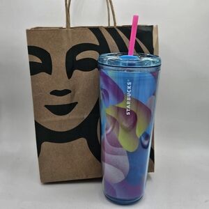 Starbucks Blue Rainbow Swirl 24 Oz Tumbler With Pink Straw